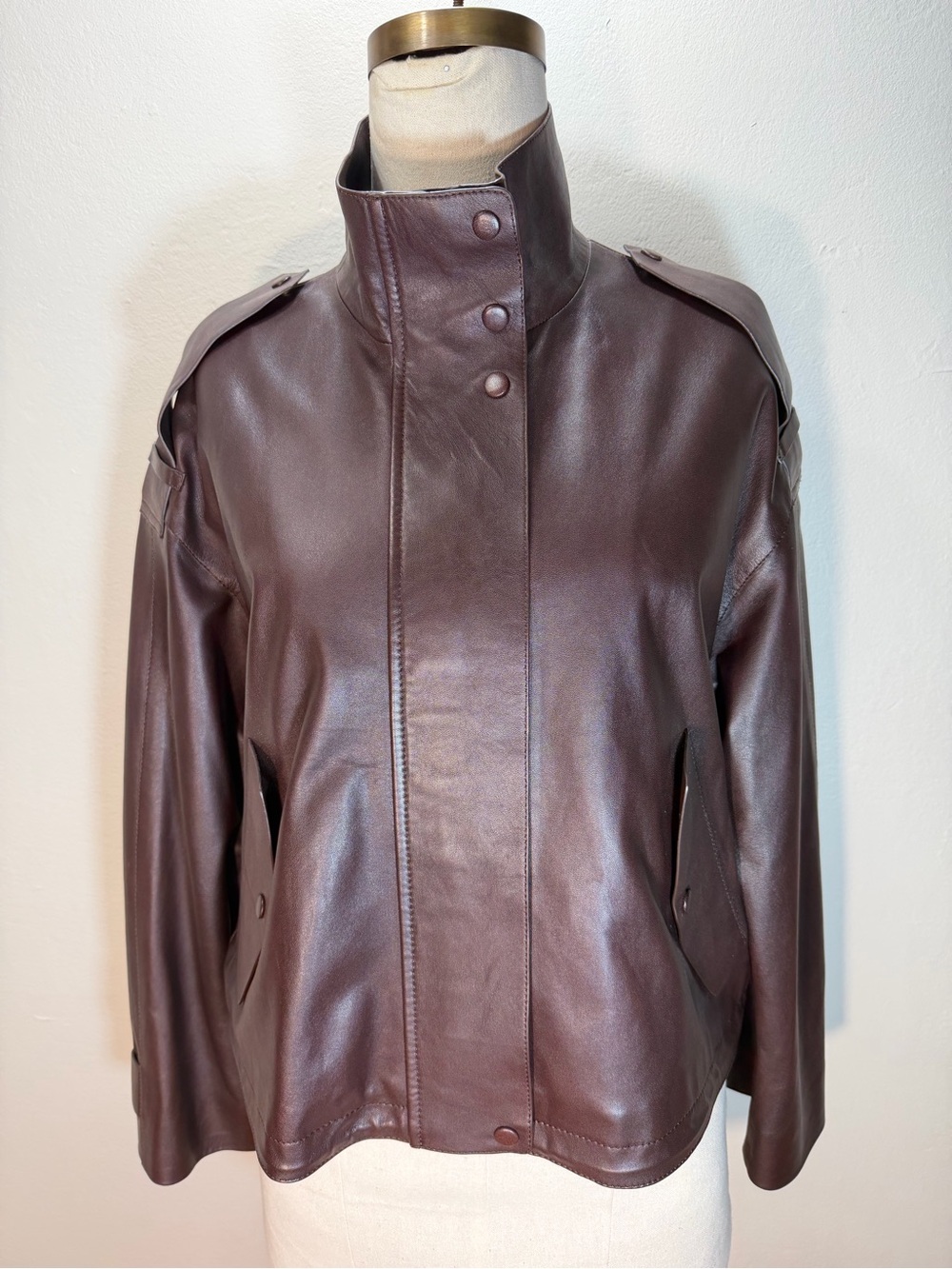 Massimo Dutti Dark Brown Leather High-Neck Jacket Imported from Madrid